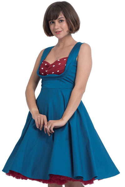 Grace Vintage Style Jive Dress in Peacock Blue with Burgundy & White Polka Dots