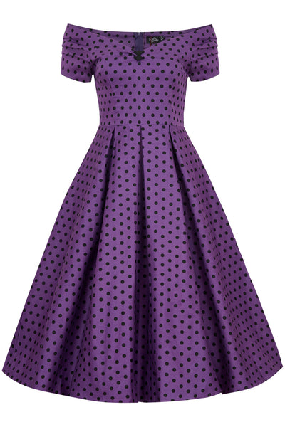 Women's Off Shoulder Purple Polka Dot Swing Dress