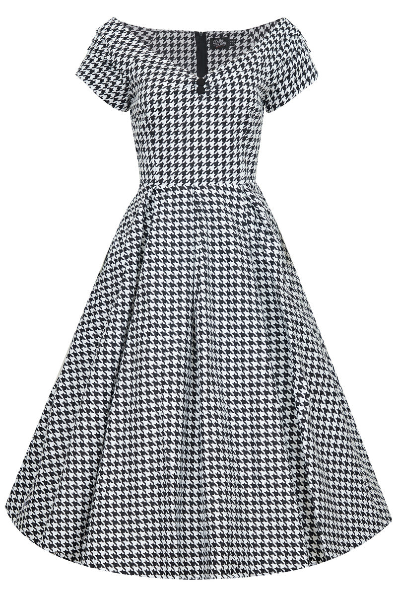 Women's Retro Off Shoulder Dogtooth Print Swing Dress