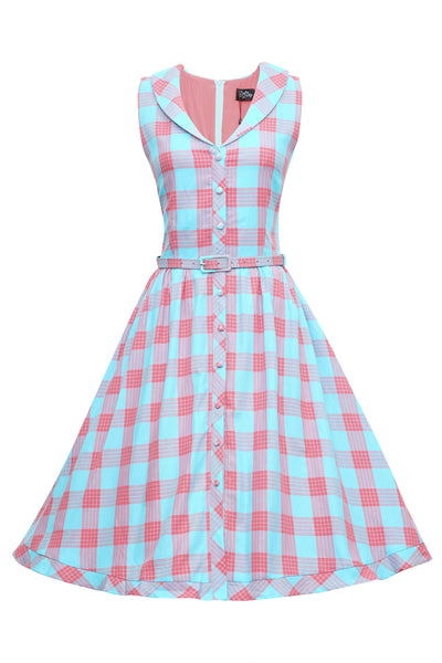 Maverick Luxury Blue & Pink Check Sleeveless Flared Dress