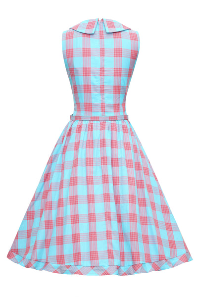 Maverick Luxury Blue & Pink Check Sleeveless Flared Dress