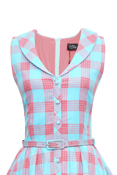 Maverick Luxury Blue & Pink Check Sleeveless Flared Dress