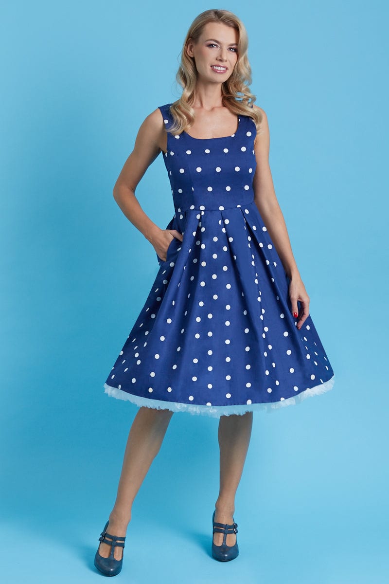 Amanda Scoop Neck Swing Dress Blue/White Polka