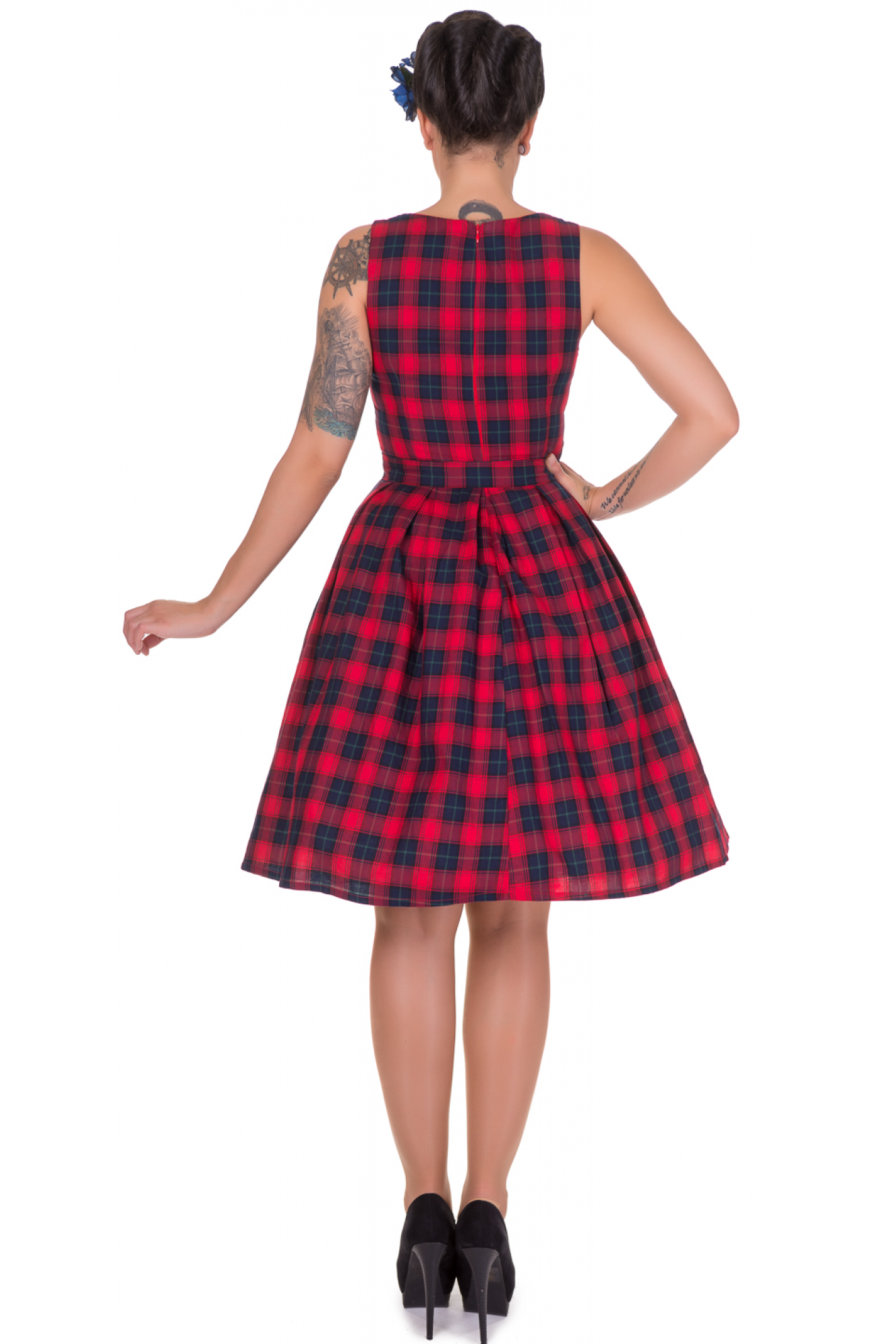 Annie Retro Check Swing Dress in Red/Blue