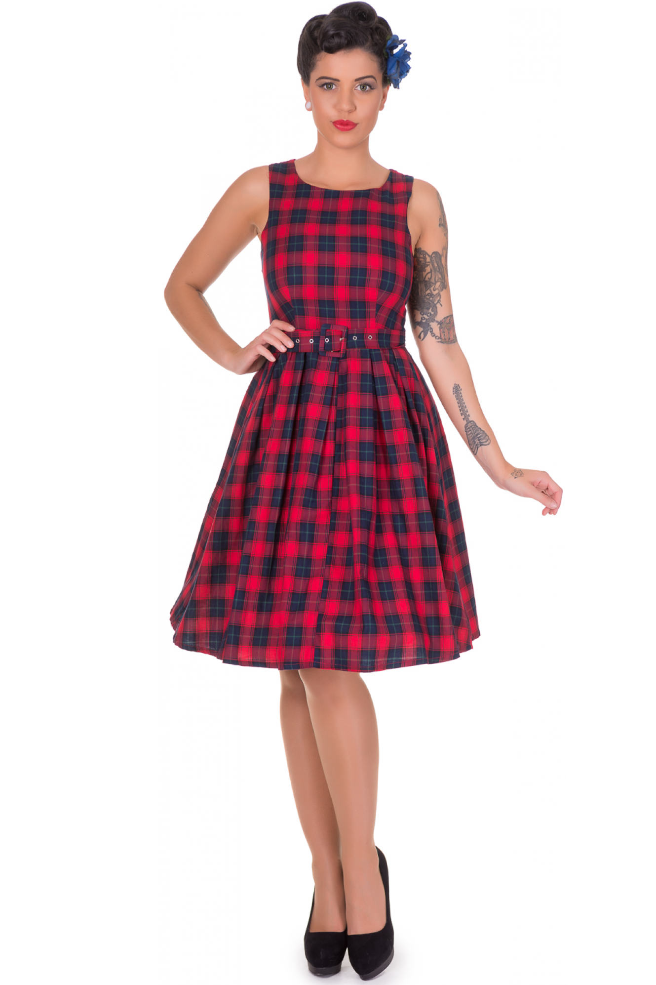 Annie Retro Check Swing Dress in Red/Blue