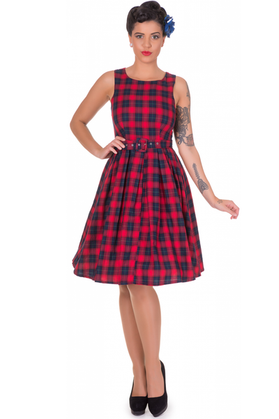 Annie Retro Check Swing Dress in Red/Blue