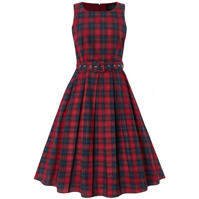 Annie Retro Check Swing Dress in Red/Blue