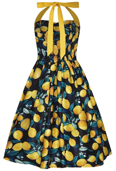 Sophia Rockabilly Halter Neck Swing Dress Lemon on Black