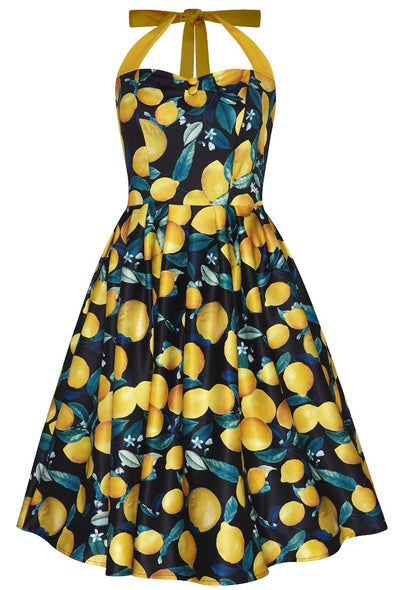Sophia Rockabilly Halter Neck Swing Dress Lemon on Black