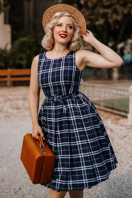 Annie Retro Tartan Check Swing Dress in Navy Blue