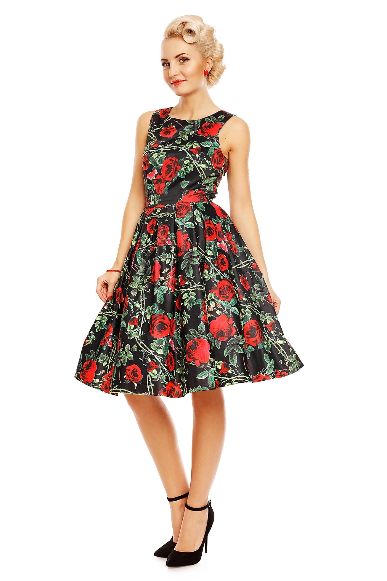 Rose Thorns Floral Retro Dress in Black