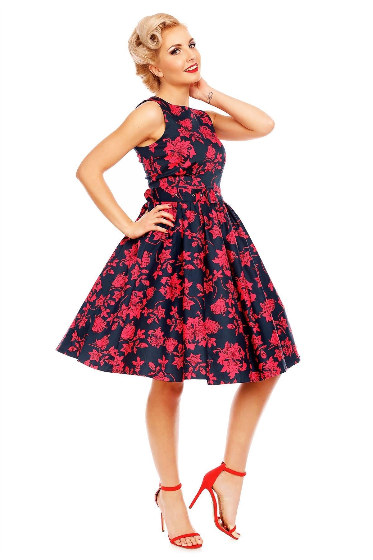 Annie Retro Floral Swing Dress in Navy Blue/Red