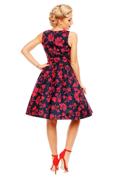 Annie Retro Floral Swing Dress in Navy Blue/Red