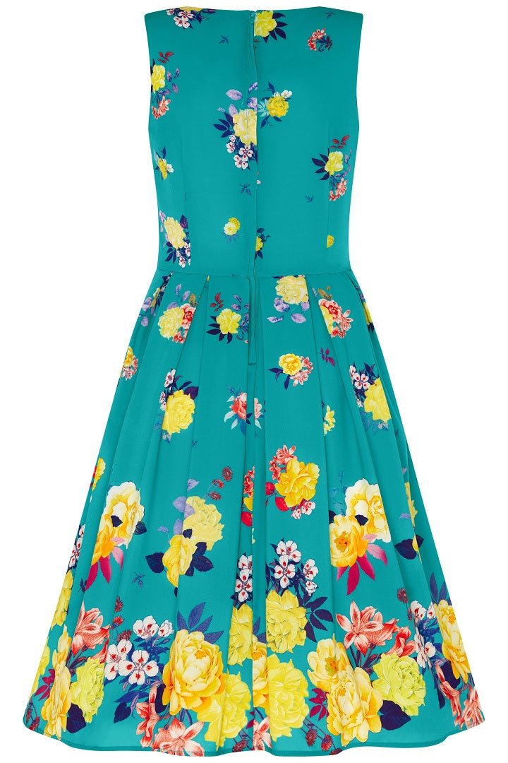 Annie Retro Raising Flowers Swing Dress in Turquoise