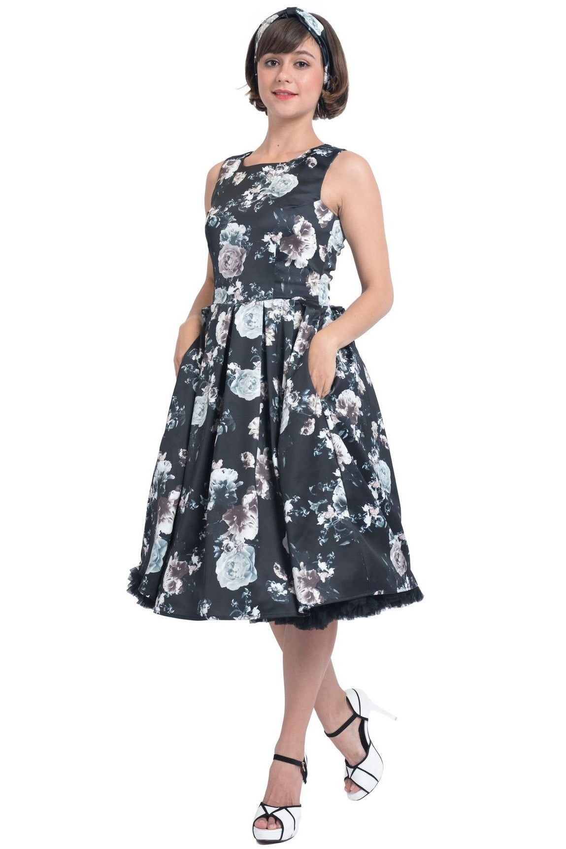 Annie Raising Floral Swing Dress in Black and White
