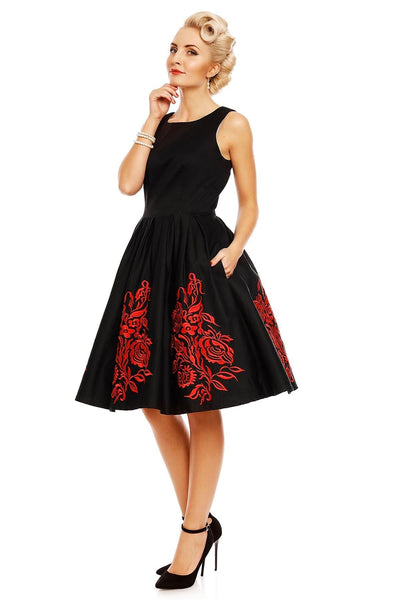 EU STOCK Annie Retro Embroidered Swing Dress in Black/Red