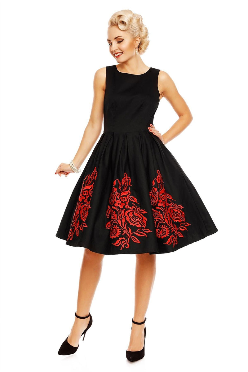 EU STOCK Annie Retro Embroidered Swing Dress in Black/Red