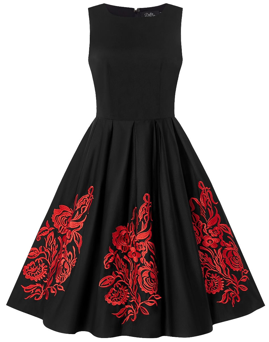 EU STOCK Annie Retro Embroidered Swing Dress in Black/Red
