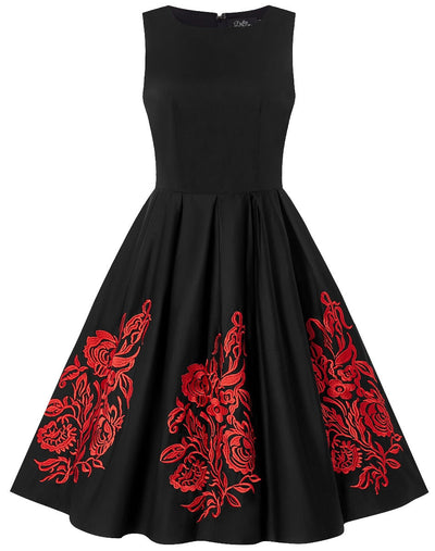 EU STOCK Annie Retro Embroidered Swing Dress in Black/Red