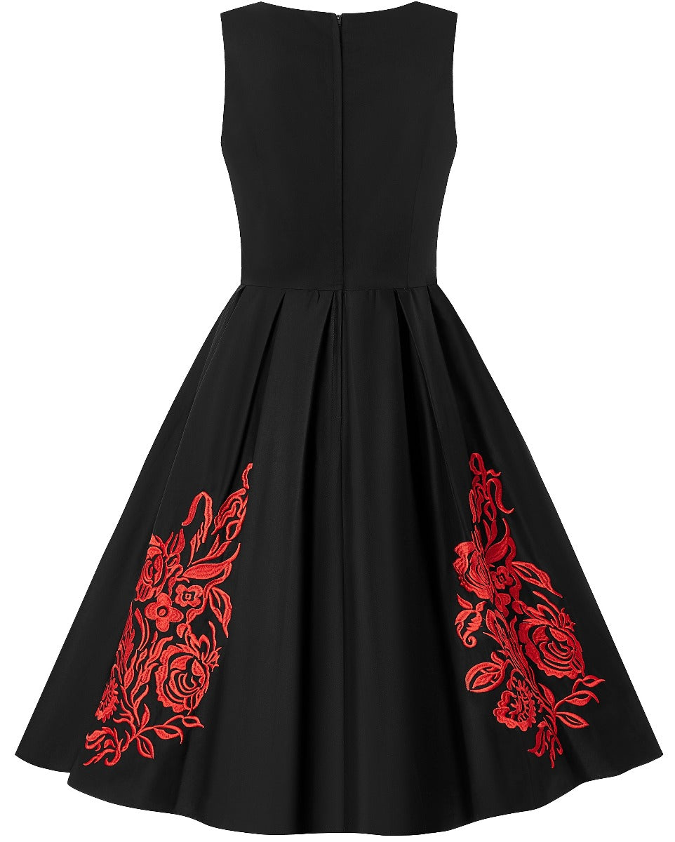 EU STOCK Annie Retro Embroidered Swing Dress in Black/Red