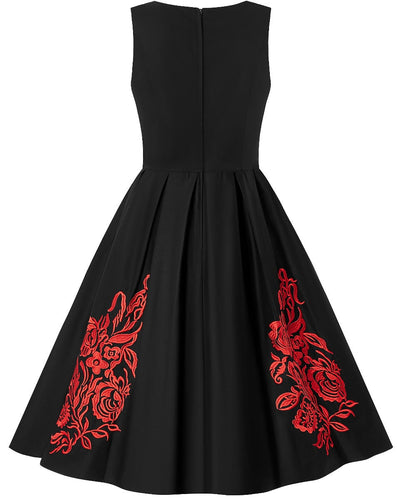EU STOCK Annie Retro Embroidered Swing Dress in Black/Red
