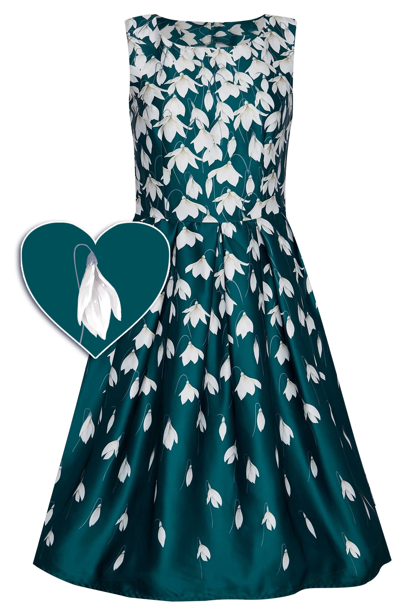 Annie Retro Flared Dress in Myrtle Green with Snowdrop Tulip Print