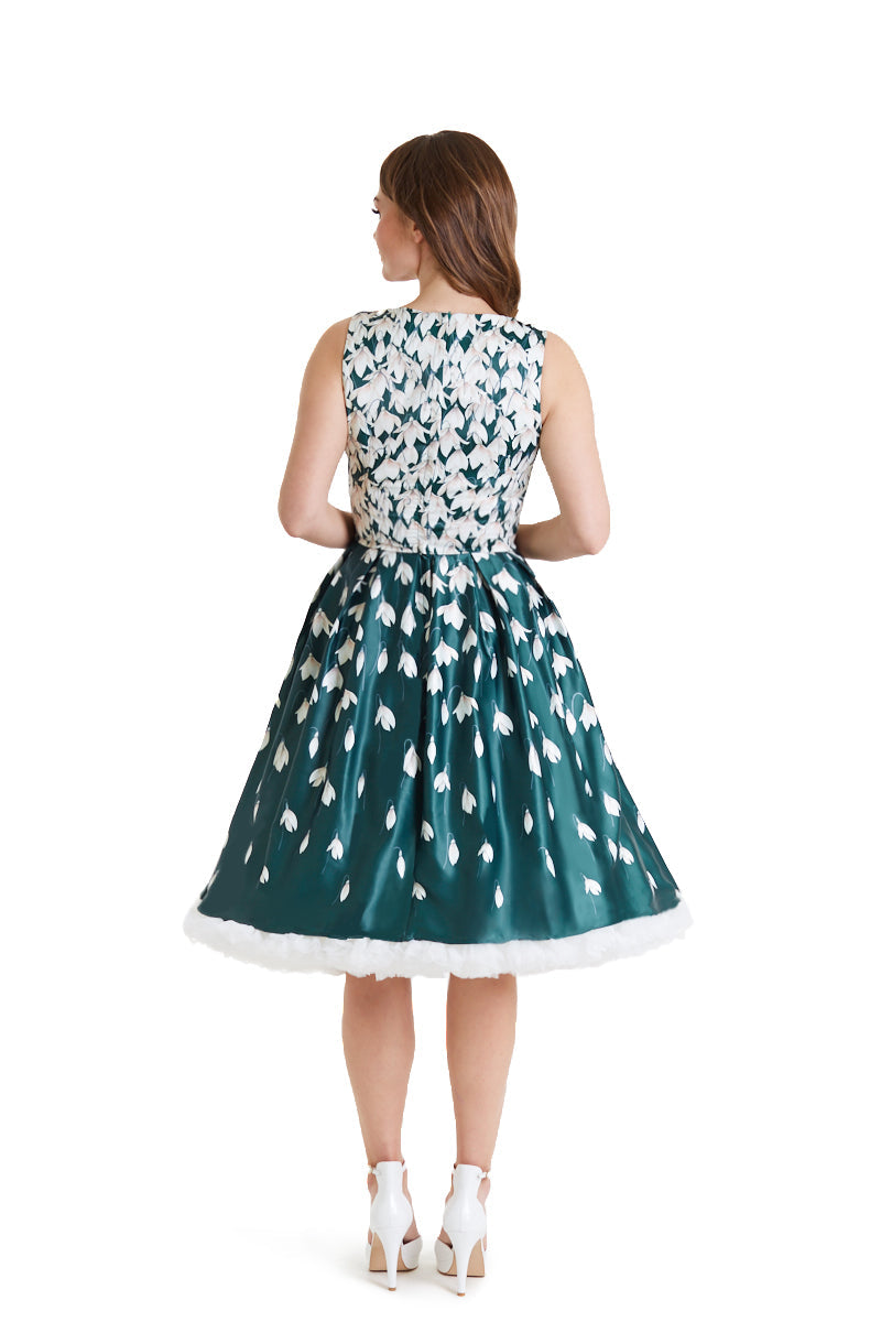 Annie Retro Flared Dress in Myrtle Green with Snowdrop Tulip Print