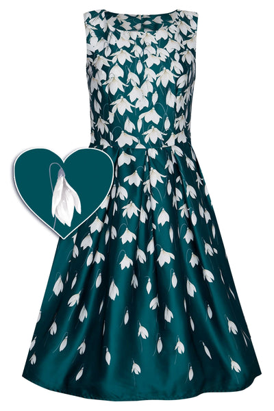 Annie Retro Flared Dress in Myrtle Green with Snowdrop Tulip Print