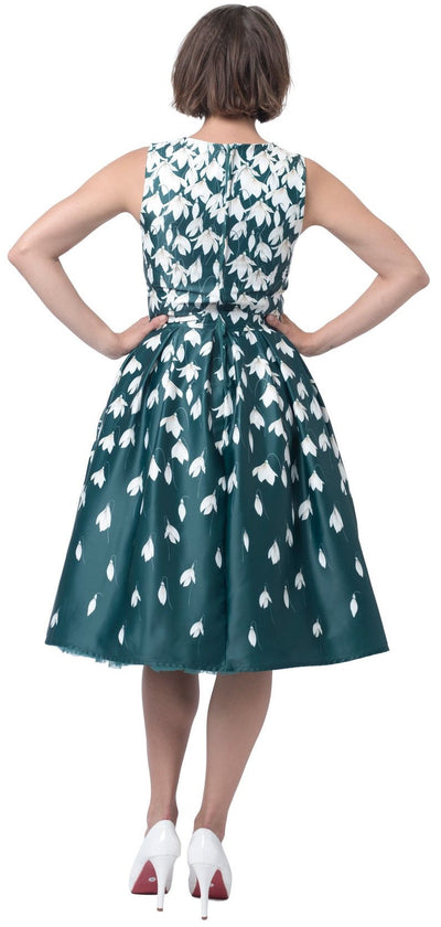 Annie Retro Flared Dress in Myrtle Green with Snowdrop Tulip Print