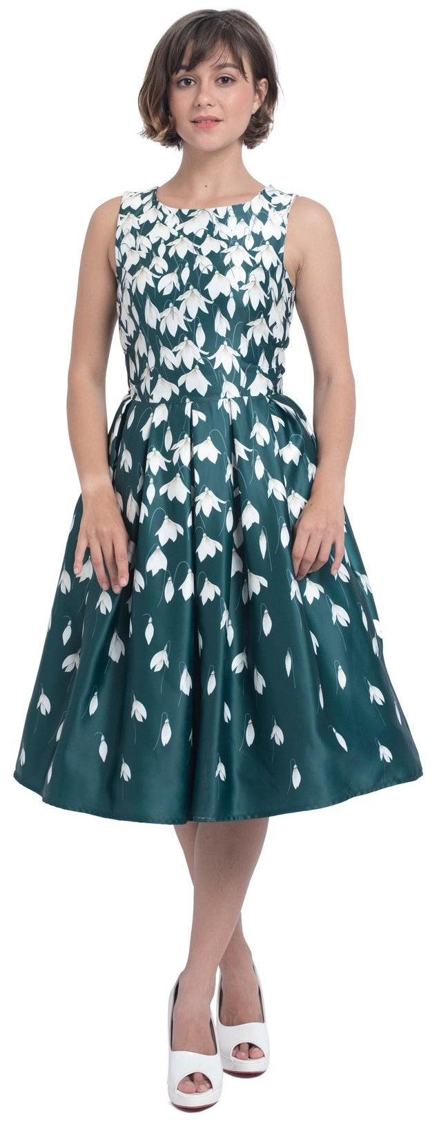 Annie Retro Flared Dress in Myrtle Green with Snowdrop Tulip Print
