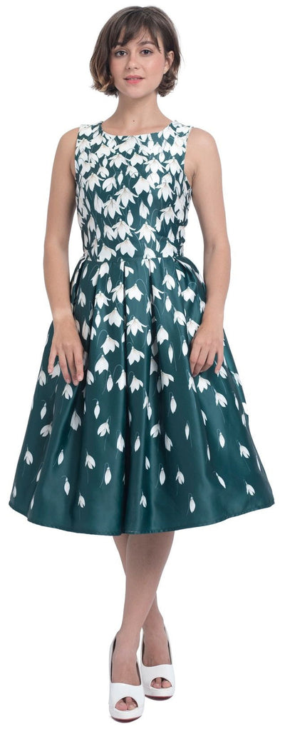 Annie Retro Flared Dress in Myrtle Green with Snowdrop Tulip Print