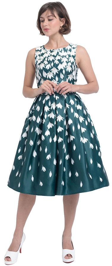 Annie Retro Flared Dress in Myrtle Green with Snowdrop Tulip Print