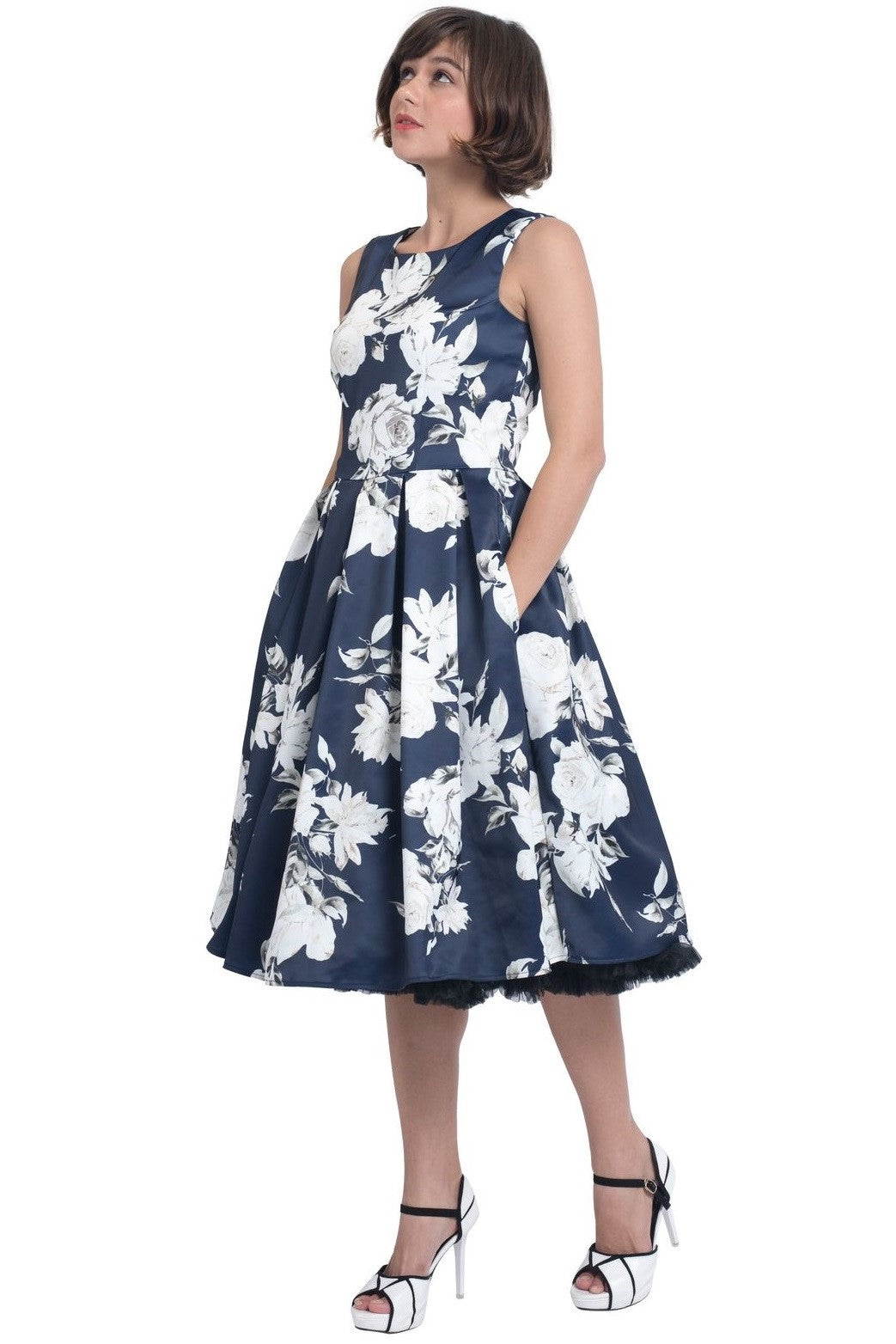 Annie Retro White Rose Swing Dress In Navy