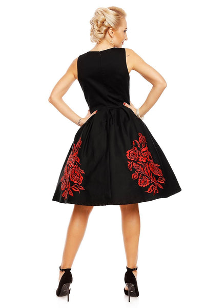 EU STOCK Annie Retro Embroidered Swing Dress in Black/Red