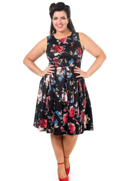 Annie Retro Floral Swing Dress in Black