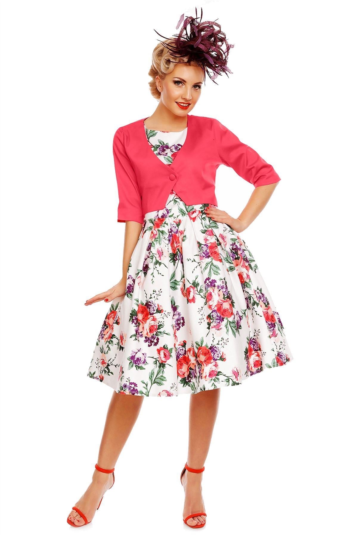 Annie Retro Floral Swing Dress in White/Pink