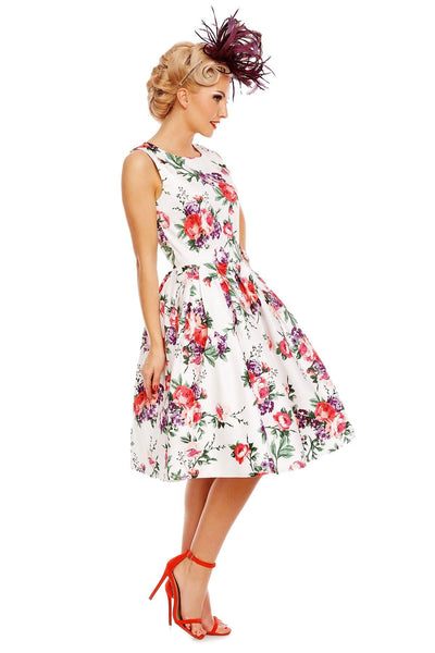 Annie Retro Floral Swing Dress in White/Pink