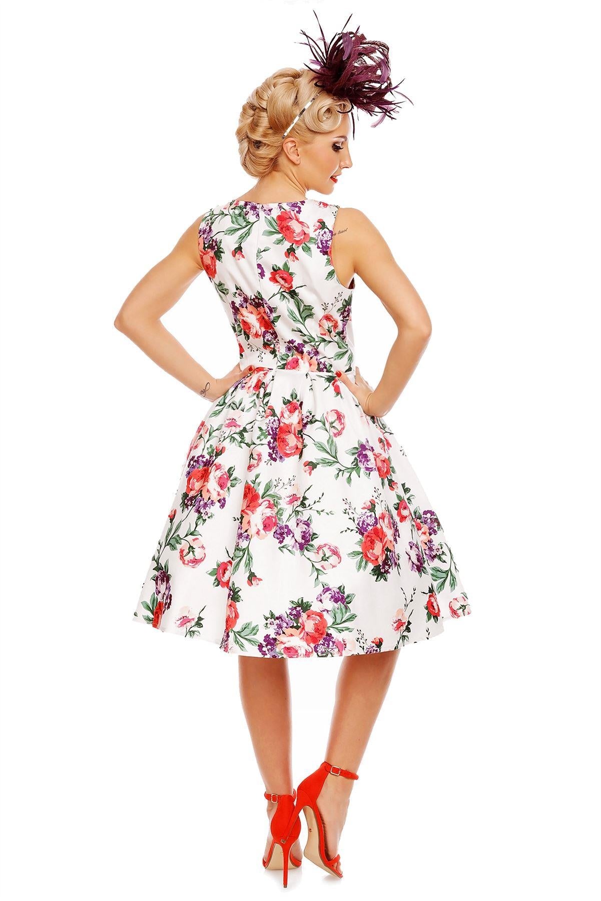 Annie Retro Floral Swing Dress in White/Pink