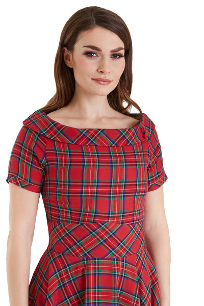 1950s Retro Highland Red Tartan Off Shoulder Circle Dress close up