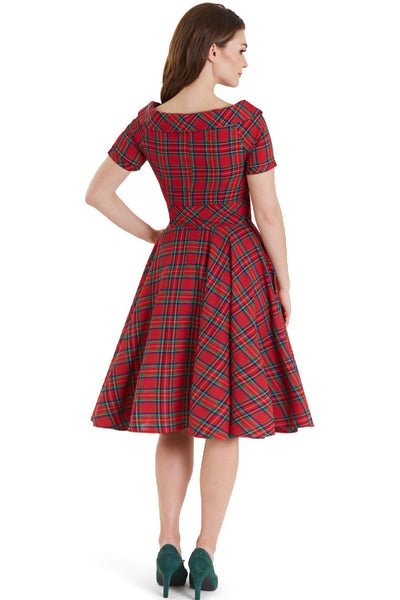 1950s Retro Highland Red Tartan Off Shoulder Circle Dress back view