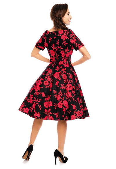 Darlene 50s Style Swing Dress in Black/Red Floral