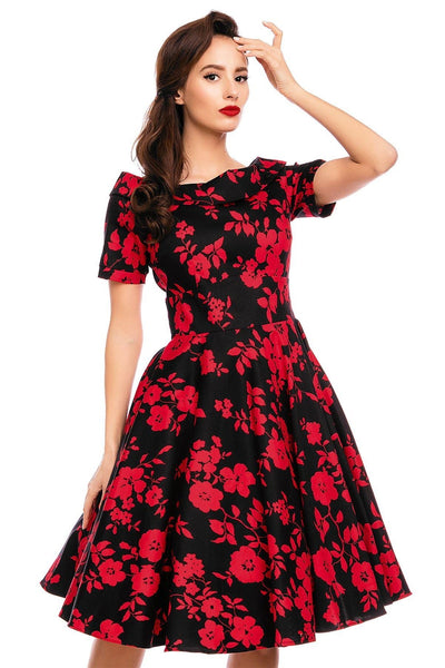 Darlene 50s Style Swing Dress in Black/Red Floral