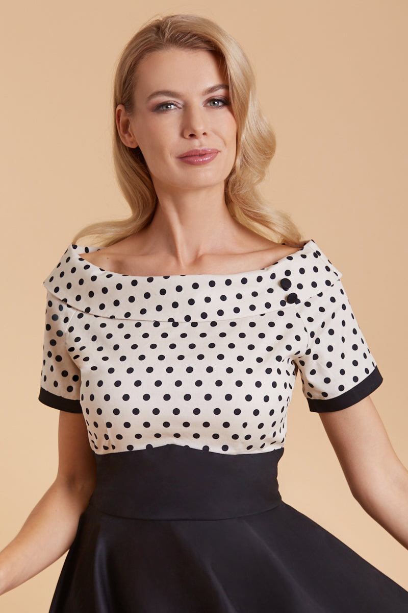 Darlene 50's Style Swing Dress in Sand Beige/Black Polka Dot