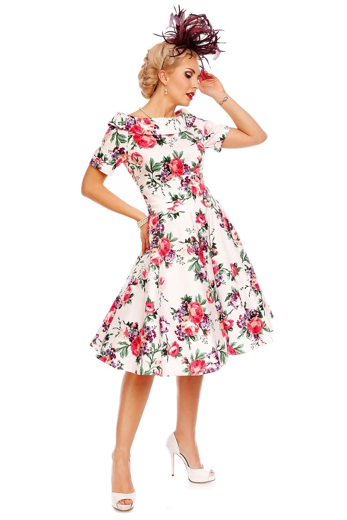 Darlene Retro White Floral  Swing Dress
