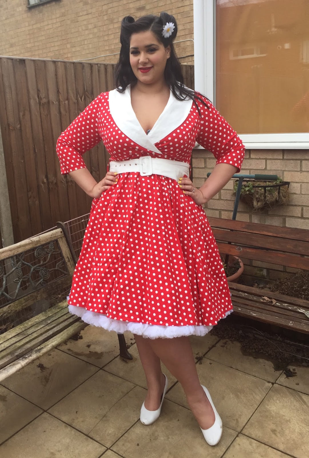 Tiffany Long Sleeve 50's Vintage Dress in Red-White