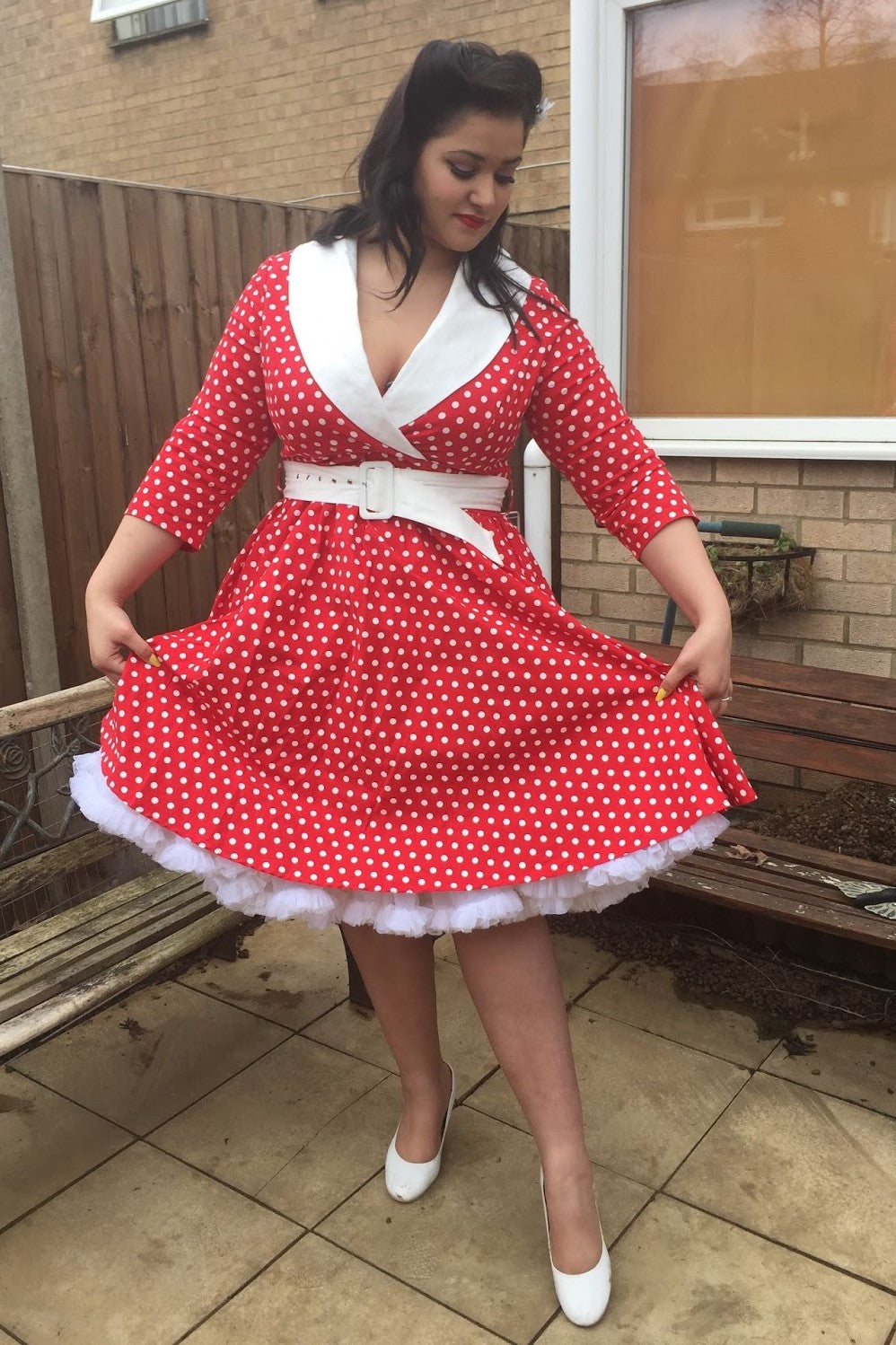Tiffany Long Sleeve 50's Vintage Dress in Red-White
