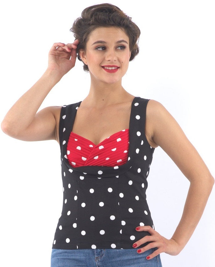 Georgina Slim Fit Top in Black with Red Bust/ White Polka