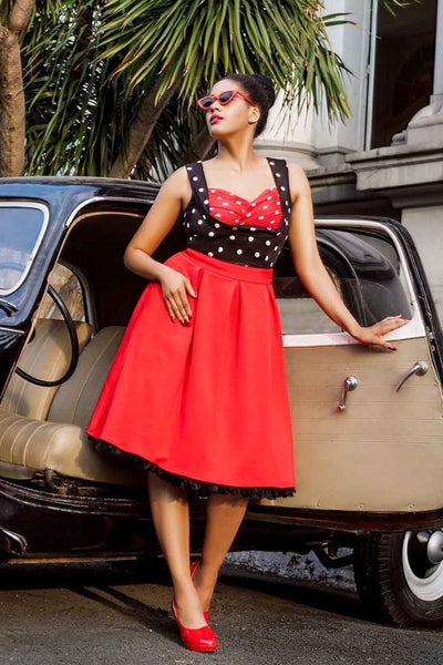 Georgina Slim Fit Top in Black with Red Bust/ White Polka
