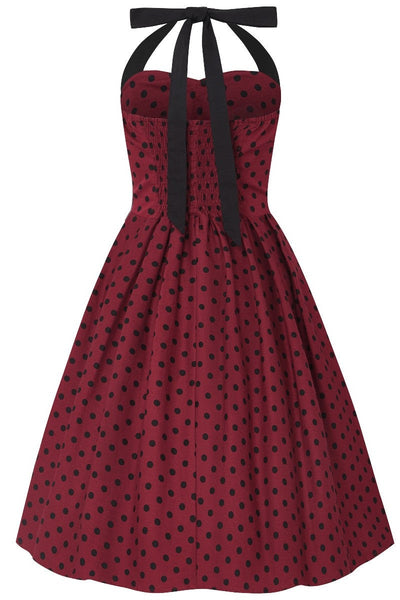 Sophia Rockabilly Halter Neck Swing Dress in Burgundy -Black Polka Dot