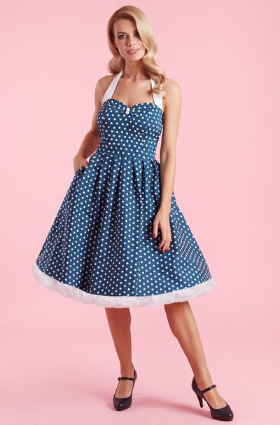 Sophia Halterneck Polka Dot Swing Dress in Blue